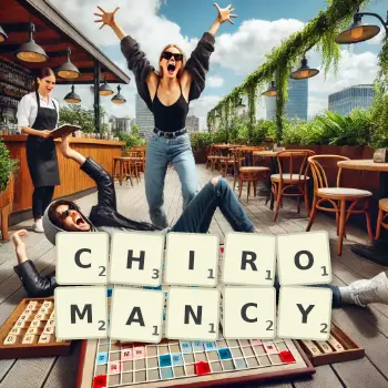 Creative illustration for a Scrabble game with the word CHIROMANCY spelled out in tiles on the board.