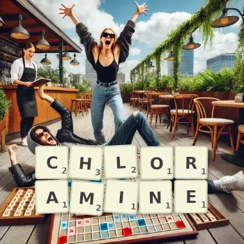 Creative illustration for a Scrabble game with the word CHLORAMINE spelled out in tiles on the board.