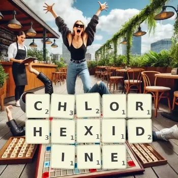 Creative illustration for a Scrabble game with the word CHLORHEXIDINE spelled out in tiles on the board.