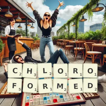 Creative illustration for a Scrabble game with the word CHLOROFORMED spelled out in tiles on the board.