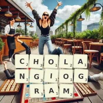 Creative illustration for a Scrabble game with the word CHOLANGIOGRAM spelled out in tiles on the board.