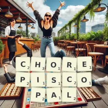Creative illustration for a Scrabble game with the word CHOREPISCOPAL spelled out in tiles on the board.