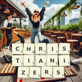 Creative illustration for a Scrabble game with the word CHRISTIANIZERS spelled out in tiles on the board.