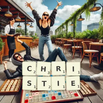 Creative illustration for a Scrabble game with the word CHRISTIE spelled out in tiles on the board.