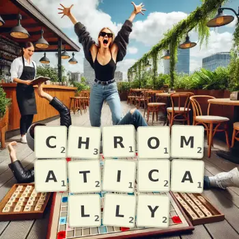 Creative illustration for a Scrabble game with the word CHROMATICALLY spelled out in tiles on the board.