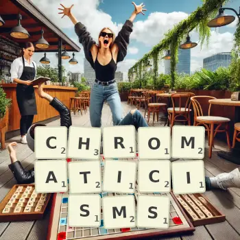 Creative illustration for a Scrabble game with the word CHROMATICISMS spelled out in tiles on the board.