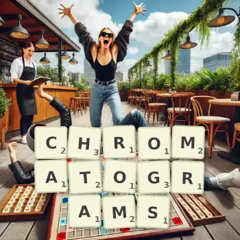 Creative illustration for a Scrabble game with the word CHROMATOGRAMS spelled out in tiles on the board.