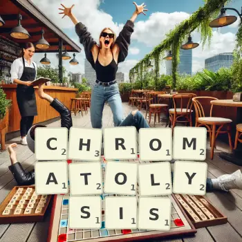 Creative illustration for a Scrabble game with the word CHROMATOLYSIS spelled out in tiles on the board.