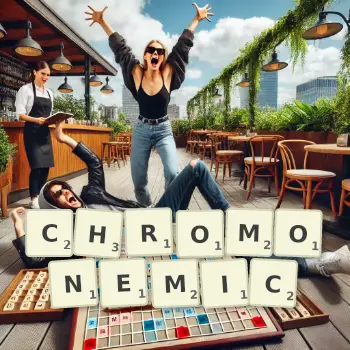 Creative illustration for a Scrabble game with the word CHROMONEMIC spelled out in tiles on the board.