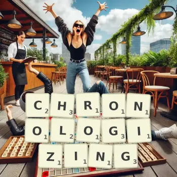 Creative illustration for a Scrabble game with the word CHRONOLOGIZING spelled out in tiles on the board.