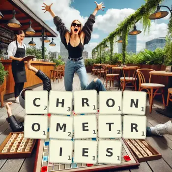 Creative illustration for a Scrabble game with the word CHRONOMETRIES spelled out in tiles on the board.