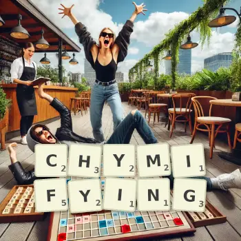 Creative illustration for a Scrabble game with the word CHYMIFYING spelled out in tiles on the board.