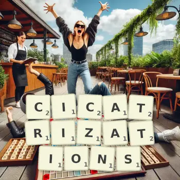 Creative illustration for a Scrabble game with the word CICATRIZATIONS spelled out in tiles on the board.