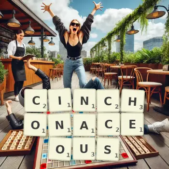 Creative illustration for a Scrabble game with the word CINCHONACEOUS spelled out in tiles on the board.