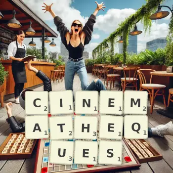 Creative illustration for a Scrabble game with the word CINEMATHEQUES spelled out in tiles on the board.