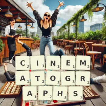 Creative illustration for a Scrabble game with the word CINEMATOGRAPHS spelled out in tiles on the board.