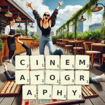 Creative illustration for a Scrabble game with the word CINEMATOGRAPHY spelled out in tiles on the board.