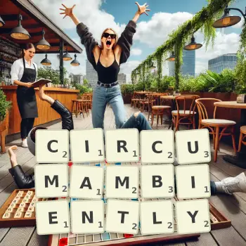 Creative illustration for a Scrabble game with the word CIRCUMAMBIENTLY spelled out in tiles on the board.