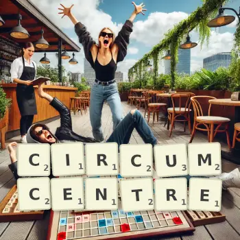 Creative illustration for a Scrabble game with the word CIRCUMCENTRE spelled out in tiles on the board.