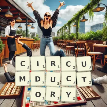 Creative illustration for a Scrabble game with the word CIRCUMDUCTORY spelled out in tiles on the board.