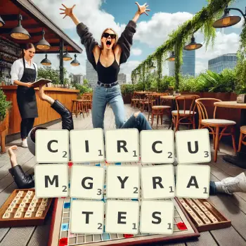 Creative illustration for a Scrabble game with the word CIRCUMGYRATES spelled out in tiles on the board.