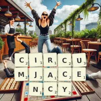 Creative illustration for a Scrabble game with the word CIRCUMJACENCY spelled out in tiles on the board.