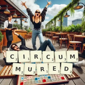 Creative illustration for a Scrabble game with the word CIRCUMMURED spelled out in tiles on the board.