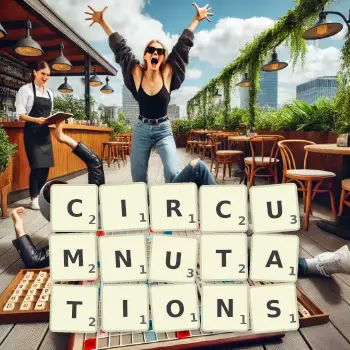 Creative illustration for a Scrabble game with the word CIRCUMNUTATIONS spelled out in tiles on the board.