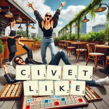 Creative illustration for a Scrabble game with the word CIVETLIKE spelled out in tiles on the board.