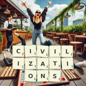 Creative illustration for a Scrabble game with the word CIVILIZATIONS spelled out in tiles on the board.