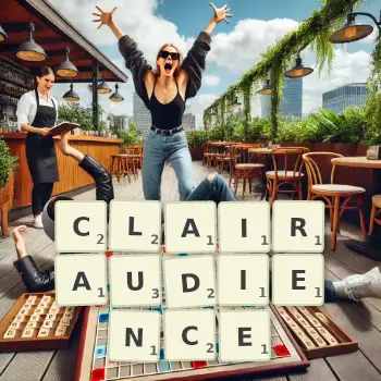 Creative illustration for a Scrabble game with the word CLAIRAUDIENCE spelled out in tiles on the board.