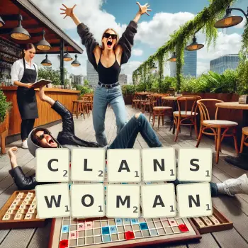 Creative illustration for a Scrabble game with the word CLANSWOMAN spelled out in tiles on the board.
