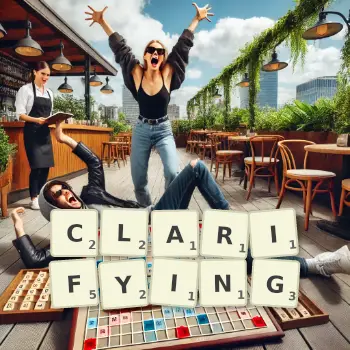 Creative illustration for a Scrabble game with the word CLARIFYING spelled out in tiles on the board.