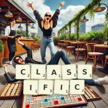 Creative illustration for a Scrabble game with the word CLASSIFIC spelled out in tiles on the board.