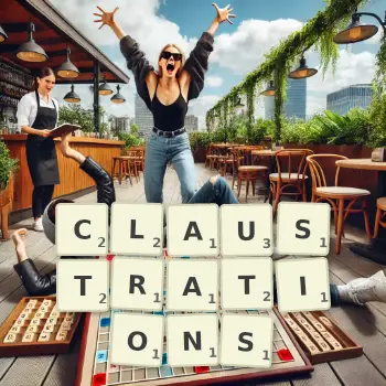 Creative illustration for a Scrabble game with the word CLAUSTRATIONS spelled out in tiles on the board.