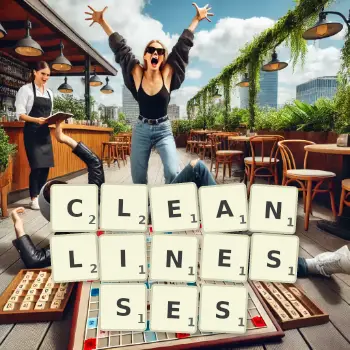 Creative illustration for a Scrabble game with the word CLEANLINESSES spelled out in tiles on the board.