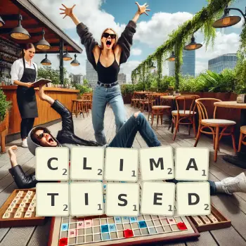Creative illustration for a Scrabble game with the word CLIMATISED spelled out in tiles on the board.