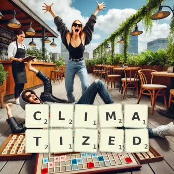 Creative illustration for a Scrabble game with the word CLIMATIZED spelled out in tiles on the board.