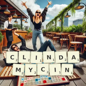 Creative illustration for a Scrabble game with the word CLINDAMYCIN spelled out in tiles on the board.