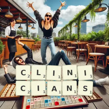 Creative illustration for a Scrabble game with the word CLINICIANS spelled out in tiles on the board.