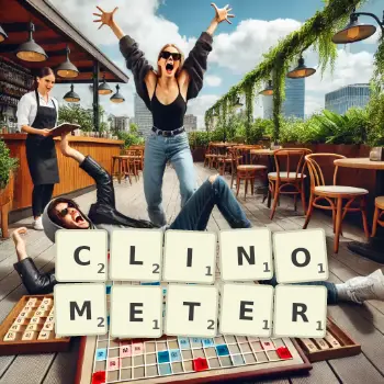 Creative illustration for a Scrabble game with the word CLINOMETER spelled out in tiles on the board.