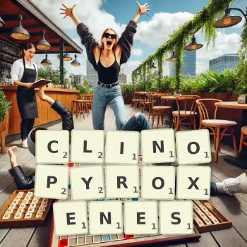 Creative illustration for a Scrabble game with the word CLINOPYROXENES spelled out in tiles on the board.