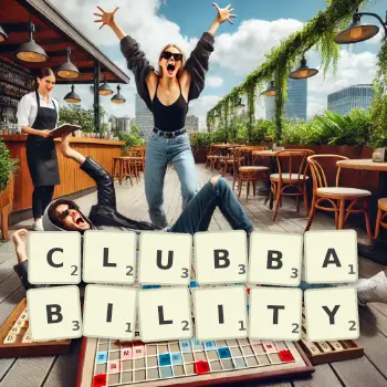 Creative illustration for a Scrabble game with the word CLUBBABILITY spelled out in tiles on the board.
