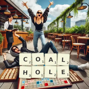 Creative illustration for a Scrabble game with the word COALHOLE spelled out in tiles on the board.