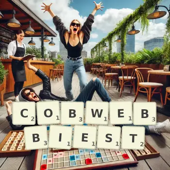 Creative illustration for a Scrabble game with the word COBWEBBIEST spelled out in tiles on the board.