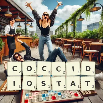 Creative illustration for a Scrabble game with the word COCCIDIOSTAT spelled out in tiles on the board.