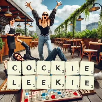 Creative illustration for a Scrabble game with the word COCKIELEEKIE spelled out in tiles on the board.