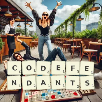 Creative illustration for a Scrabble game with the word CODEFENDANTS spelled out in tiles on the board.