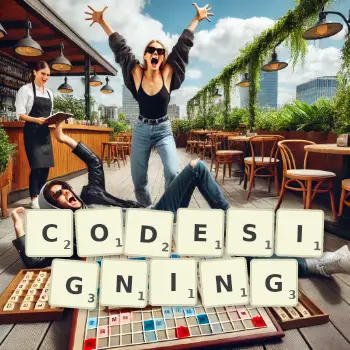 Creative illustration for a Scrabble game with the word CODESIGNING spelled out in tiles on the board.