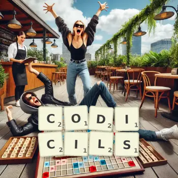 Creative illustration for a Scrabble game with the word CODICILS spelled out in tiles on the board.